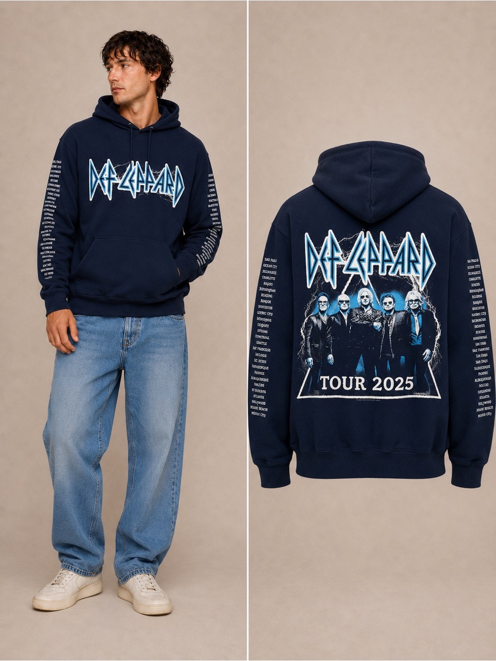 Def Leppard U2 Tour 2025 Meme Graphic Hoodie Navy Blue Size M Funny Band Mashup